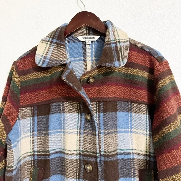 Davi & Dani Mixed Plaid Striped Oversized Shacket - Picture 3 of 10